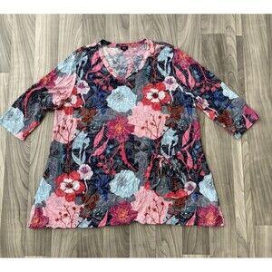 Shana Floral Tunic Top XL Blue Pink Crinkle Artsy Art To Wear Boho Pocket